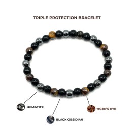 Triple Protection Bracelet Tiger Eye Black Obsidian Hematite - Bracelet Power Protection Balance - Protection Crystals Gemstone Bracelet (6 mm)