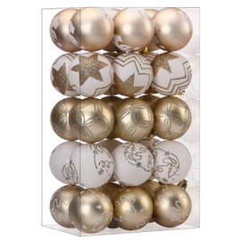SHareconn 30ct 2.36 Inch Christmas Tree Balls Ornaments, Colored Shatterproof Plastic Decorative Baubles Decorations for Xmas Tree Decor Holiday Party Wedding Decoration (Champagne Gold & White, 60mm)