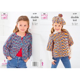 King Cole Children’s Knitting Pattern Double Knit Overtop, Cardigan and Beret (6139), 22” – 30” (56cm – 76cm)