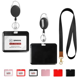 SOPHIYAYA Badge Holder and Retractable Reel with Lanyard, Hard Plastic Key Card Work Badge Sleeve for Office School Factory Teacher Women Men (Black, Horizontal)