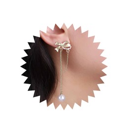 Allereyae Boho Pearl Bow Drop Earrings Gold Bow Stud Earrings Long Pearl Tassel Earrings Pearl Bowknot Earrings Jewelry for Women