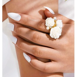 CZ Three White Flower Pearl Open Band Ring for Women Girls Gold Plated Cubic Zirconia Imitation Pearls Resin Rose Flowers Statement Adjustable Expandable Finger Rings Comfort Fit Christmas Jewelry