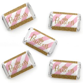 Big Dot of Happiness Little Princess Crown - Mini Candy Bar Wrapper Stickers - Pink and Gold Princess Baby Shower or Birthday Party Small Favors - 40 Count