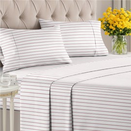 4 Piece Striped Sheets for King Size Bed – Luxury Flat Sheet 105 x 102, Fitted Sheet 78 x 80 and 2 Pillowcases 20 x 40 – Deep Pocket, Soft, Red Pinstripe Bed Sheets – Oeko-TEX Stripe Sheet Set
