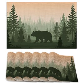 Bear Placemats Set of 6,Misty Fores Placemats Washable Kitchen Dining Linen Table Mats Stain Heat-Resistant for Home Party Indoor 12x18 inch
