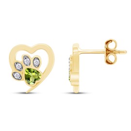 AFFY Heart and Round Cut Simulated Peridot Cat Puppy Paw Print Pet Animal Heart Small Stud Earrings Jewelry Gift for Women in 14k Yellow Gold Plated 925 Sterling Silver