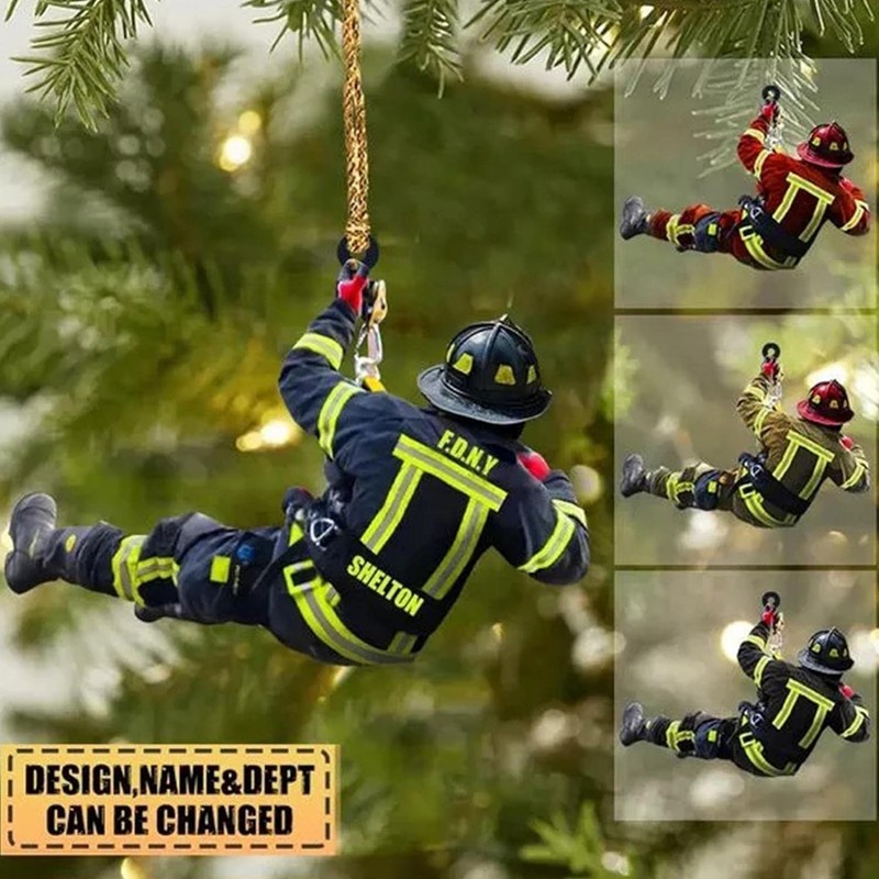 Pack of 4 Fireman Christmas Ornaments, Christmas Tree Fireman Acrylic