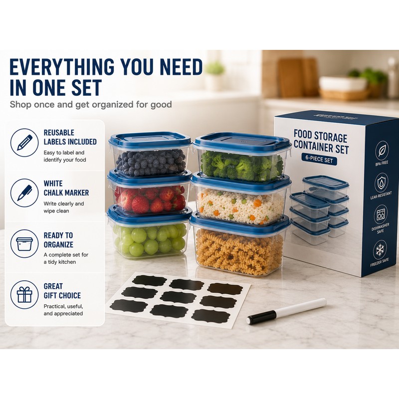 6-Piece Transparent Stackable Food Storage Containers with Blue Measurement Markings