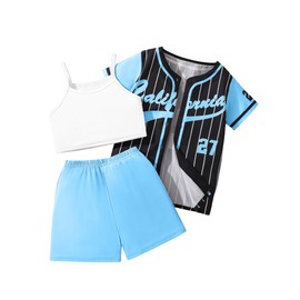 Hilinker Girls 3 Piece Outfits Short Sleeve Striped Cardigan and Crop Cami with Shorts Set Activewear Blue White Black 11-12 Year