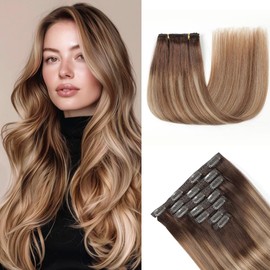 HotLulana Clip-In Real Hair Extensions, 7 Pieces, 50 cm, 120 g, Invisible Remy Real Hair Extensions, Skin Weft Natural Hair Extensions, 2/6/18 K