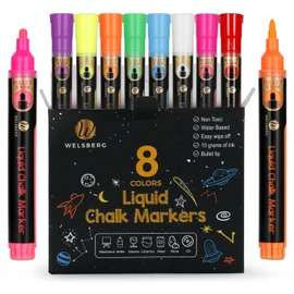 welsberg Liquid Chalk Pens 5 mm Tip Pack of 8 Chalk Markers for Blackboard, Whiteboard, Window, Glass Erasable 10 g Jumbo Ink