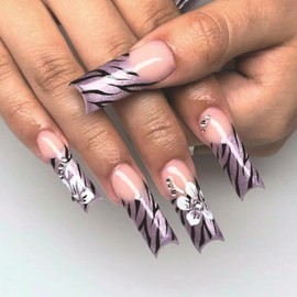 Purple Leopard French Tip Press on Nails Long Square Fake Nails with Phinestones Designs Glossy Artificial False Nails Gel Glue on Nails White Flowers Acrylic Stick on Nails for Women Girls 24Pcs