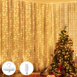 Ollny Fairy Lights Curtain 200 LED 6.6x6.6ft, USB Warm White Christmas Curtain Lights with Hook, Waterproof Window Lights for Bedroom Backdrop Wall Outdoor Indoor Decorations