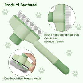 Flea Comb for Cat Hair Removal Comb, 2025 New Self-Cleaning Flea Brush for Cats and Dog, Comfort Cat Hair Removal Tool with Long & Short Stainless Steel Metal Grooming Brush(Green)