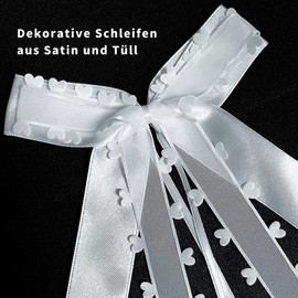 Fesaizwi Pack of 50 Car Bows Wedding - White with Hearts Bows Car - Christmas Bows Wedding Decoration - Handmade Satin Ribbon (25 x 15 cm)