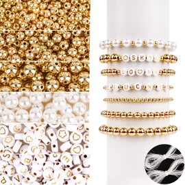 1600 Pieces Mini Acrylic Beads Set, Multi-Size, Gold and White, Round Beads, Letter Beads and Patterned Beads, Craft Beads with Hole Beads for Threading, Jewellery Beads for Bracelets, DIY Jewellery,