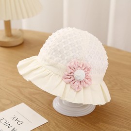 imKutie Baby Girl Sun Hat, Flower Lace Embroidery Summer UPF50+ Wide Brim Bucket Hats Cap Holiday Beach Hat with Elastic Chin Strap for 0-24 Months