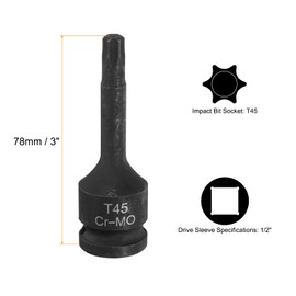 sourcing map T45 Torx Bit Socket 1/2" Drive 6 Point Torx Star Screwdriver Socket Adapter CR-MO Steel Lengthen Impact Bit Sockets for Electric Ratchet Wrenches Fastening Screws