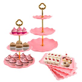 6 Pcs Cupcake Stand Set - Pink Plastic Dessert Table Display Set, 2x Pink Round 3 Tier Cupcake Display Stands Cookie Tray Rack Serving Tower & 4x 14 in Plastic Trays for Wedding Baby Shower Tea Party