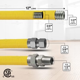 Gas Connector Kit 12 inch Yellow Coated Stainless Steel, 5/8” OD Flexible Gas Hose Connector for Gas Range, Furnace, Stove, 3/8” FIP x 1/2” MIP Stainless Steel Fittings, 12” Gas Appliance Supply Line