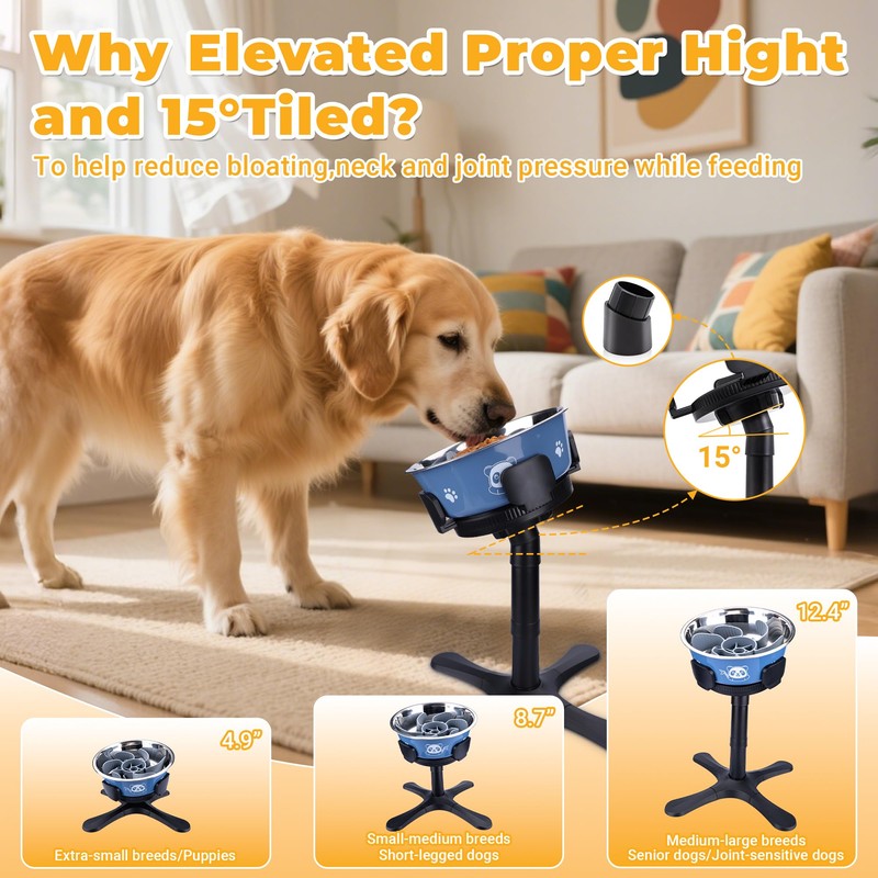 Elevated Slow Feeder Dog Bowl Adjustable Stand,Tilted ABS Base,Fits 5.5-9.5"