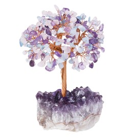 dssmboom Tumbled Amethyst/Rose Quartz/Aquamarine Stones Tree of Life on Amethyst Cluster Base for Reiki Healing, Copper Wire Wrapped Crystal Money Tree Feng Shui Bonsai Home Decor for Wealth