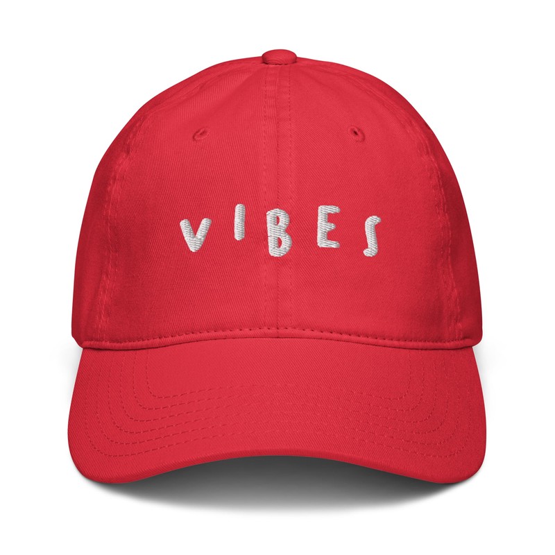 Ripple Junction Vibes Scattered White Letters Adjustable Baseball Hat, Red,