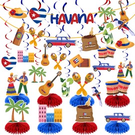 Epakh 22 Pcs Havana Night Party Decorations Set 2 Cuba Banners 12 Hanging Swirls 8 Honeycomb Centerpieces for Cuban Theme Party Supplies