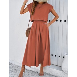 HangNiFang Summer Skirt Sets Women 2 Piece Outfits Cap Sleeve Top Elastic Waist Maxi Dress Sets with Pockets(1218-Rust-XL)