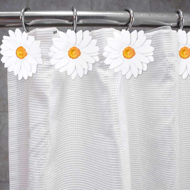 Whaline 12Pcs Spring Shower Curtain Hooks White Daisy Flower Curtain