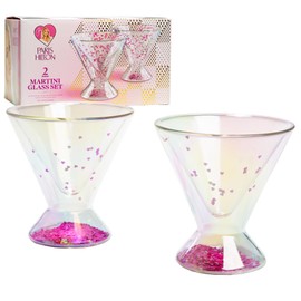 Paris Hilton 2-Piece Martini Glass Set, Double Wall Glass Design, Great for Martinis, Cocktails, Cosmopolitans, Margaritas, 207mL, 7-Ounce, Iridescent with Glitter Hearts