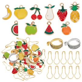 CRAFTYMELODY 20Pcs Stitch Markers, Fruit Alloy Enamel Crochet Stitch Marker Charms 2Pcs Adjustable Knitting Crochet Loop Ring for Fingers Cute Safety Bulb Pins Kit for Crochet Knit Sewing Accessories