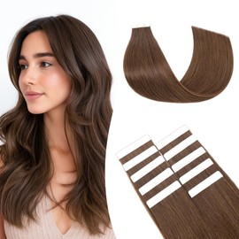 tesshair Tape in Hair Extensions Human Hair Thin Type 10 Pcs Invisible Skin Weft Remy Real Hair Extension Tapes Natural Tape Extensions for Women Girls(Medium Brown, 15g) - 16Inch