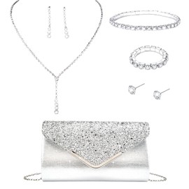 FABMODE 6Pcs Silver Evening Clutch Purse for Women with Rhinestone Jewelry Set Weddings Proms Gift