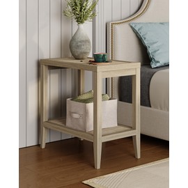 SICOTAS Boho Rattan Nightstand Bedside Table - Farmhouse Narrow Accent End Table with 2 Open Rattan Shelves for Bedroom, Living Room, Small Spaces - Light Oak