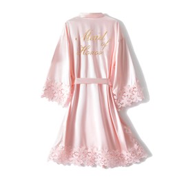 Crystal Dew Women's Lace Trim Bride Kimono Robes with Embroidery Bridal Silky Satin Bathrobe Wedding Party Sleepwear, maid of honor, pink