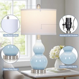 Double Gourd Ceramic Table Lamps Set of 2, Blue Modern Bedside Lamps for Living Room, 22" Contemporary Nightstand Desk Lamps for Bedroom End Table Home Office Study Room Decor(2 LED Bulbs Included)