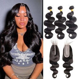Body Wave Human Hair Bundles with Closure(18 20 22+2x6 16inch) 12A Brazilian Human Hair Body Wave Bundles with Closure Weave Hair Natural Color for Women