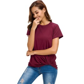 Women's Loose Fitting Tops Fashion Casual T-Shirts Comfy Twist Knot Front Tunics, Wine Red, XX-Large
