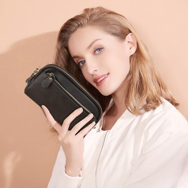 FORRICA Womens Wallet Large Genuine Leather Ladies Clutch Bag 3 Zippers Coin Purse Elegant Wallet for Phone with Wristlet Black