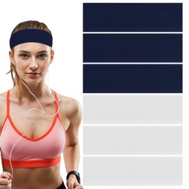 6 Pcs Headbands for Women Non Slip, Soft Cotton Cloth Stretchy Sport Headbands for Daily Workout Yoga Running Sports, White and Navy Blue