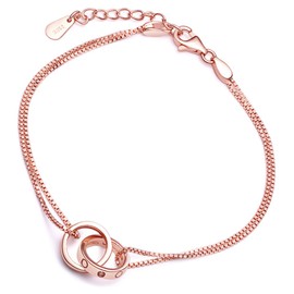 Yumilok Rose Gold 2 Intertwined Rings 925 Sterling Silver Cubic Zirconia Charm Bracelet Double Chains for Women Girls 6.5-7.5 Inch Adjustable, Sterling Silver Sterling Silver Zirconia, Cubic Zirconia