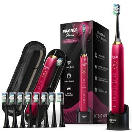 Wagner Stern El cepillo de dientes eléctrico blanqueador ultrasónico Ruby Red Edition cuenta con cinco modos de cepillado, ocho cabezales de cepillo suaves y un estuche de viaje premium.