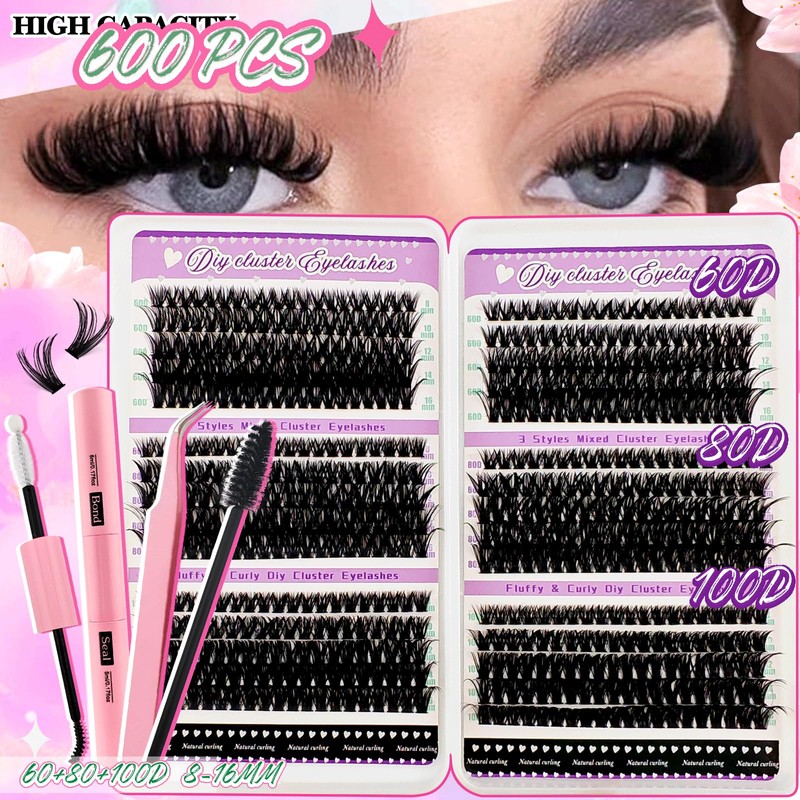 600 Pieces DIY Eyelash Extensions Set, 0.07D Eyelashes, Individual False