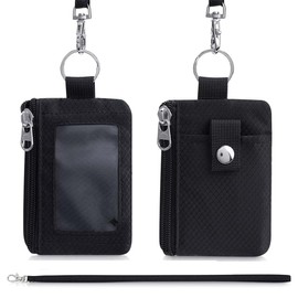 Small Neck Wallet for Men and Women, Waterproof ID Badge Holder with Clear Window and Adjustable Neck Lanyard, Lightweight Travel Pouch for Cash, Credit Cards, Keys,Secure Zipper Design, Black