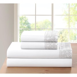 4-Piece Lace Crochet Embroidery Bamboo Bed Sheets Set Queen Size | Casual Silky Soft Pure White Bedding Solid Color Pattern | Luxury Deep Pocket Durable Elastic Fitted Thick | Machine Washable Cozy