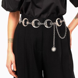 HIQUACC Metal Waist Chain Body Belly Belt Chains Jewelry Accessories for Women Girls (Moon Silver-M)