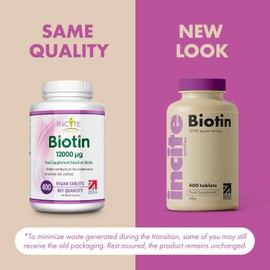 Incite Nutrition Biotin Hair Growth Support Supplement 12,000mcg - 400 Tiny 6mm Tablets (Full Year Plus Supply) - For Men & Women