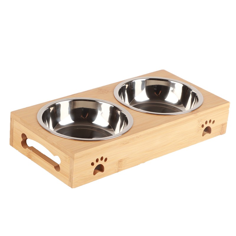 Bamboo Pet Double Bowl Cartoon Prevent Slipping Easy to Clean