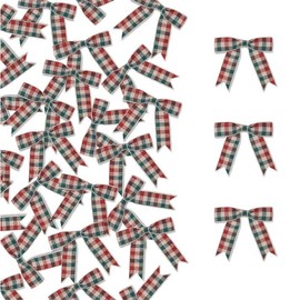Meseey 50 Pcs Gingham Ribbon Bows 2.5 Inch Buffalo Plaid Premade Twist Tie Bows for Gift Wrapping, Wedding, Baby Shower, Birthday Party, Party Decorations, DIY Craft (Green Burgundy Ivory)